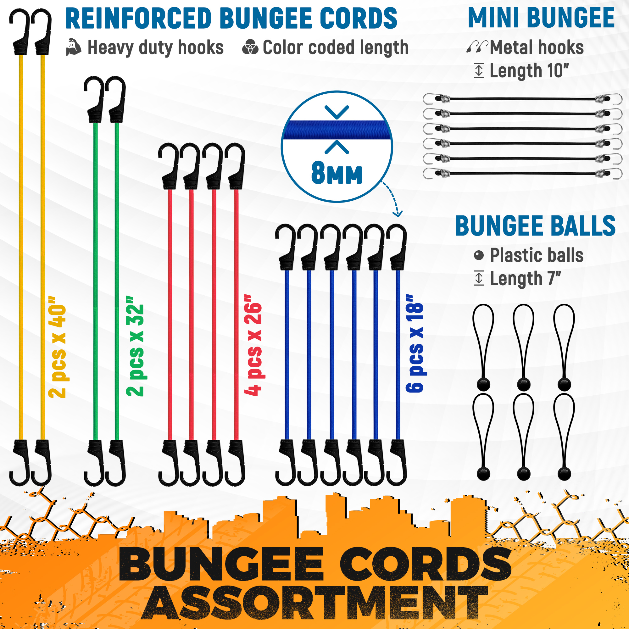 Plastic Coated Metal Hooks Tarp Clips & Ball Bungees Heavy Duty Sinoer 30 Pack Bungee Cords with Hooks,Canopy Ties 