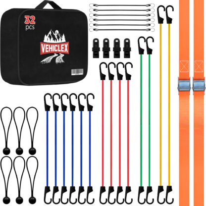 Main – Vehiclex bungee cords set 32 pcs pack with bag and cam buckle tie down strap for truck motorcycle garage home outdoor use assortment 40 32 26 18 inches bungee balls plastic hooks