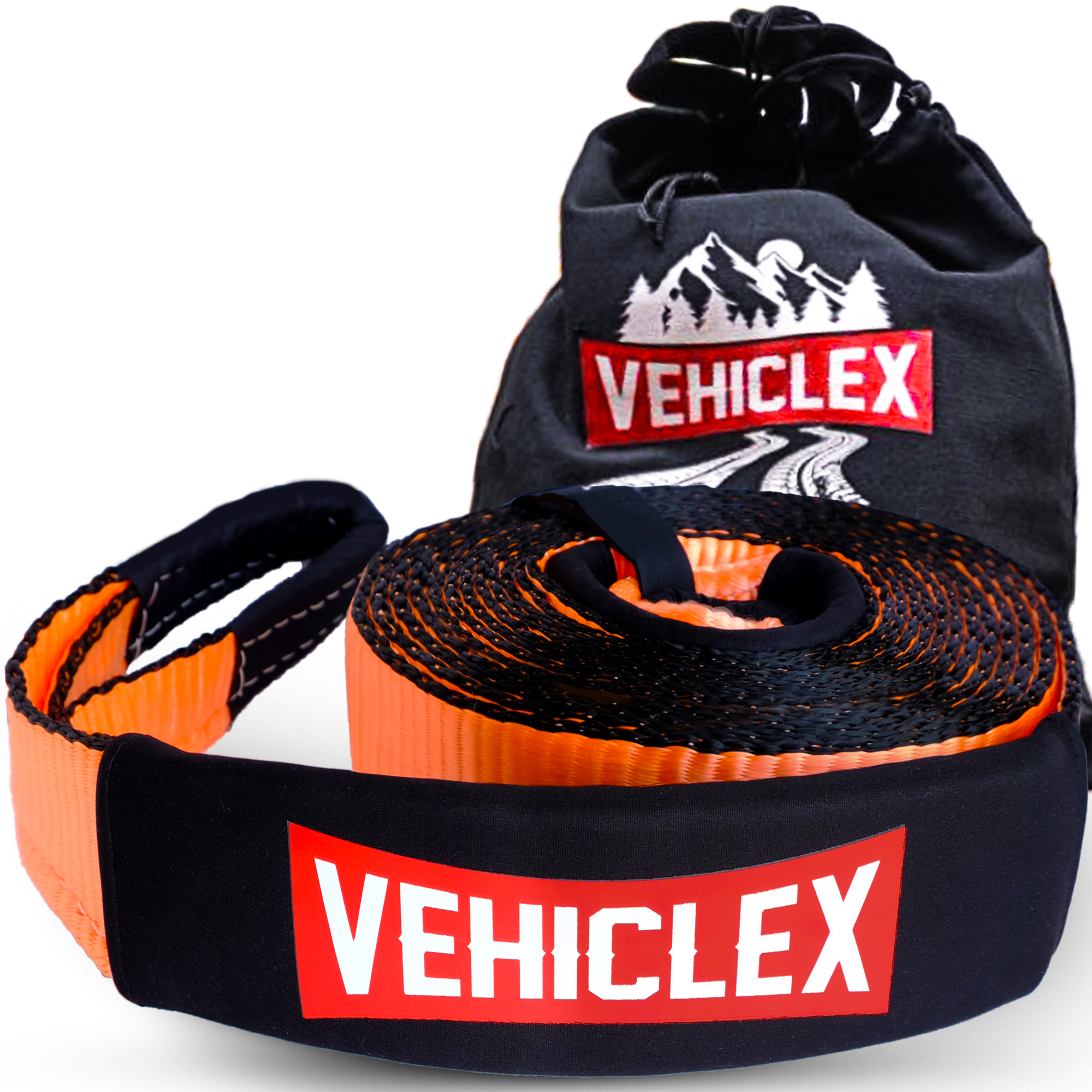 High Visibility Industrial Grade Webbing Truck Towing Accessory Vehiclex 3 x 30' All Terrain Tow Recovery Strap 35000lbs Break Strength Protective Sleeves Reinforced Loops Storage Bag 