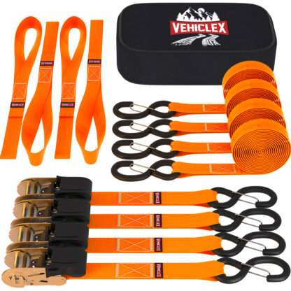 Main – Ratchet Tie Down Straps – 15 feet long – s hook – motorcycle, dirt bike, kayak, canoe, cargo straps – 4 pk – vehiclex – orange res