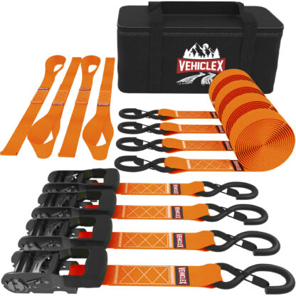 Main – motorcycle tie-downs ratchet straps offroad cargo powersports heavy duty s-hooks load handles – 8 feet long – 4 pk – orange – Vehiclex