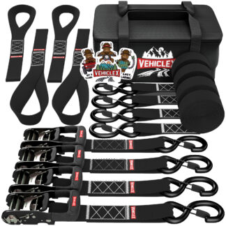 Vehiclex (4PK) Heavy Duty Ratchet Straps & Soft Loops 1.5″ x 8 ft Kit – 4400 lb Break Strength – Motorcycle & Powersports Tie-Downs (Black) Bonus Bag