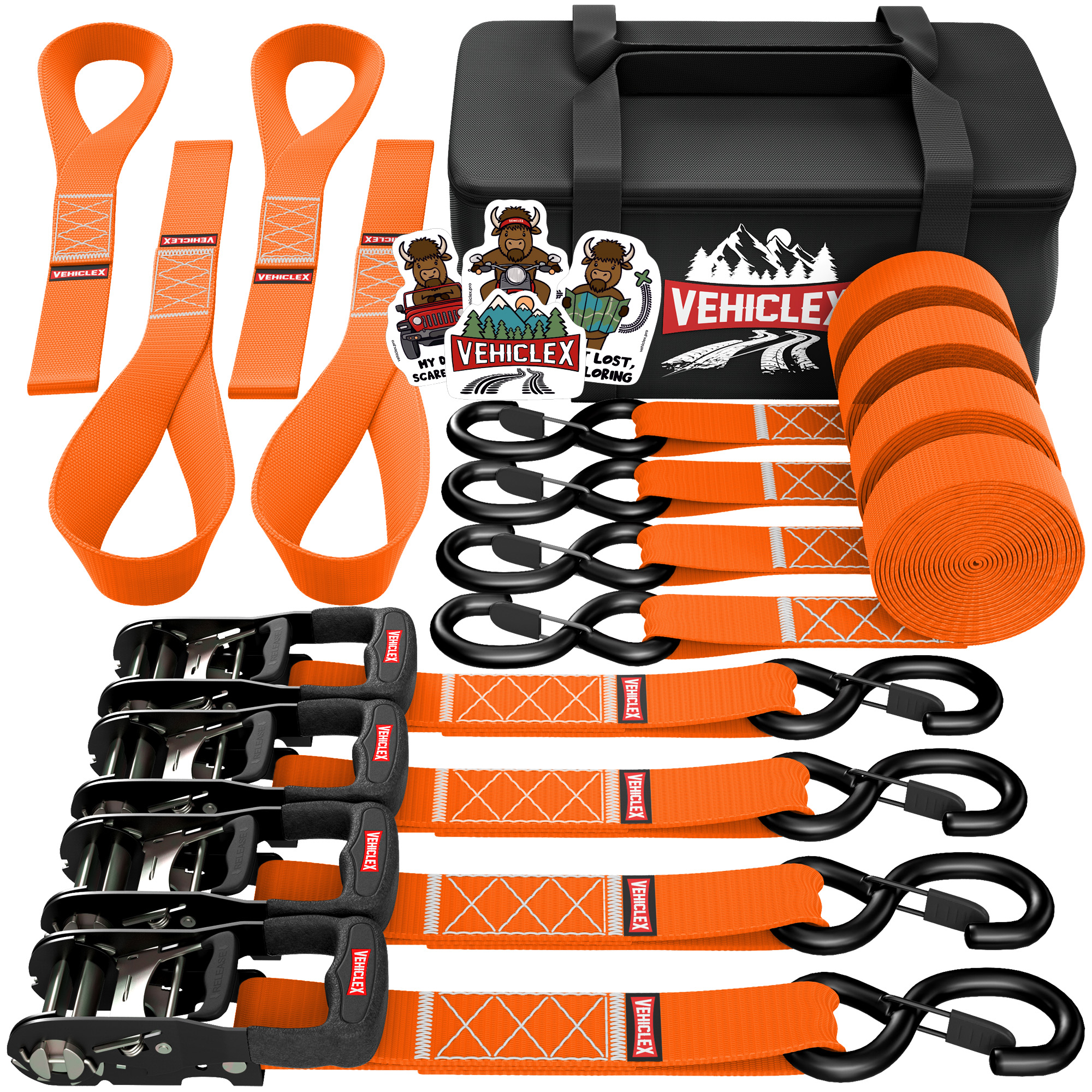 Vehiclex (4PK) Heavy Duty Ratchet Straps & Soft Loops 1.5″ x 8 ft Kit – 4400 lb Break Strength – Motorcycle & Powersports Tie-Downs (Orange) Bonus Bag