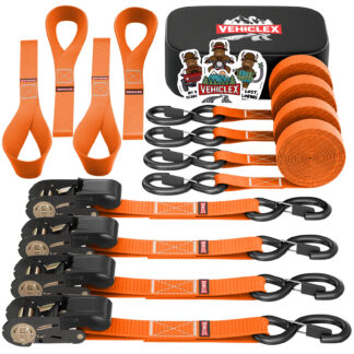 Vehiclex 4 Ratchet Straps Set (1" x 15', 2200lbs BS) - Soft Loops, Coated S-Hooks, Rubber Handle, Storage Bag - Tie-Down Straps Orange