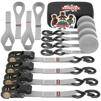 Vehiclex 4 Ratchet Straps Set (1" x 15', 2200lbs BS) - Soft Loops, Coated S-Hooks, Rubber Handle, Storage Bag - Tie-Down Straps Silver