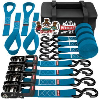 Vehiclex (4PK) Heavy Duty Ratchet Straps & Soft Loops 1.5″ x 8 ft Kit – 4400 lb Break Strength – Motorcycle & Powersports Tie-Downs (Blue) Bonus Bag