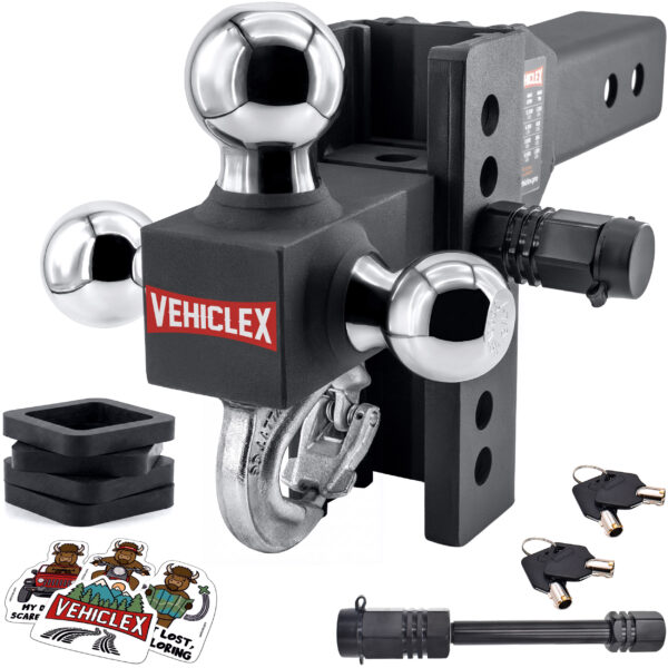 1 – 6 inch Adjustable Drop Hitch for 2.5 Receiver, Tri-ball and hook